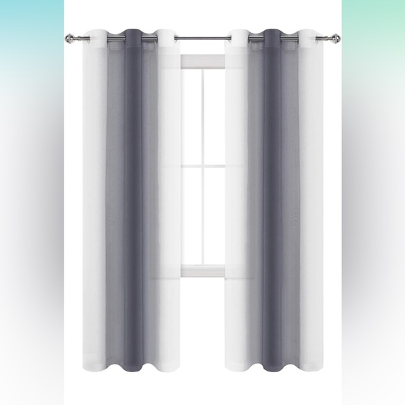Grey Ombre Gradient Sheer 2 Panel Curtains - Faux Linen Voile Grommet Window - Picture 4 of 7